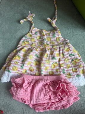 Pink Lemon Print Girls Matching Set with Ruffle Bloomers